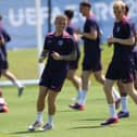 England's defender #12 Kieran Trippier and England's forward #18 Anthony Gordon take part in a MD-1 training session at the team's base camp, the Weimarer Land golf resort, near Blankenhain, on July 9, 2024, ahead of their UEFA Euro 2024 football match against Netherlands. (Photo by Adrian DENNIS / AFP) (Photo by ADRIAN DENNIS/AFP via Getty Images)