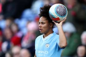 Demi Stokes of Manchester City looks on as she prepares to take a throw-in during the Barclays WomenÂ´s Super League match between Liverpool FC  and Manchester City at Prenton Park on March 30, 2024 in Birkenhead, England. (Photo by Jess Hornby/Getty Images)