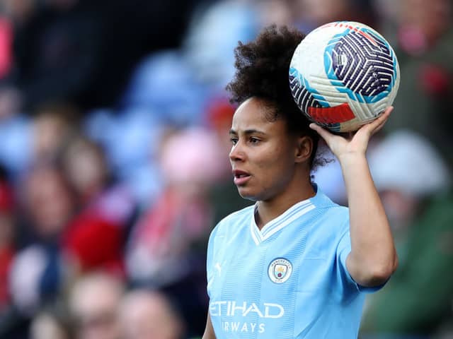 Demi Stokes of Manchester City looks on as she prepares to take a throw-in during the Barclays WomenÂ´s Super League match between Liverpool FC  and Manchester City at Prenton Park on March 30, 2024 in Birkenhead, England. (Photo by Jess Hornby/Getty Images)