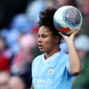 Demi Stokes of Manchester City looks on as she prepares to take a throw-in during the Barclays WomenÂ´s Super League match between Liverpool FC  and Manchester City at Prenton Park on March 30, 2024 in Birkenhead, England. (Photo by Jess Hornby/Getty Images)
