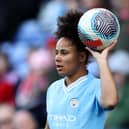 Demi Stokes of Manchester City looks on as she prepares to take a throw-in during the Barclays WomenÂ´s Super League match between Liverpool FC  and Manchester City at Prenton Park on March 30, 2024 in Birkenhead, England. (Photo by Jess Hornby/Getty Images)