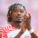 Mohamed Simakan of Leipzig in action during the Bundesliga match between RB Leipzig and VfL Wolfsburg at Red Bull Arena on April 13, 2024 in Leipzig, Germany. (Photo by Stuart Franklin/Getty Images)