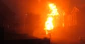 Campervan explodes into fireball as firefighters tackle blaze.