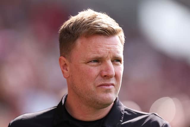 Eddie Howe, Manager of Newcastle United, looks on prior to the Premier League match between Brentford FC and Newcastle United at Brentford Community Stadium on May 19, 2024 in Brentford, England. (Photo by Richard Heathcote/Getty Images)