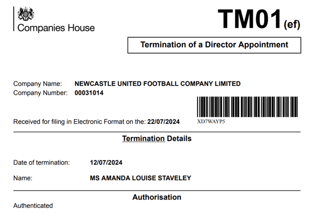 Confirmation of Amanda Staveley's departure