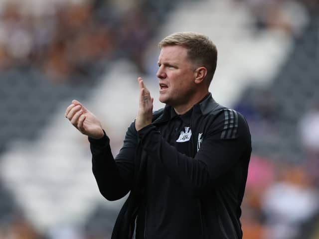 Eddie Howe manager of Newcastle United gestures during the Pre-Season Friendly between Hull City and NewcastleUnited at MKM Stadium on July 27, 2024 in Hull, England. (Photo by Nigel Roddis/Getty Images)
