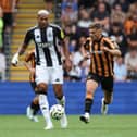 Joelinton (L) of Newcastle United in action with Regan Slater of Hull City during the Pre-Season Friendly between Hull City and NewcastleUnited at MKM Stadium on July 27, 2024 in Hull, England. (Photo by Nigel Roddis/Getty Images)