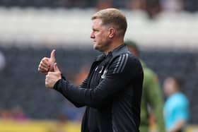  Eddie Howe manager of Newcastle United gestures during the Pre-Season Friendly between Hull City and NewcastleUnited at MKM Stadium on July 27, 2024 in Hull, England. (Photo by Nigel Roddis/Getty Images)