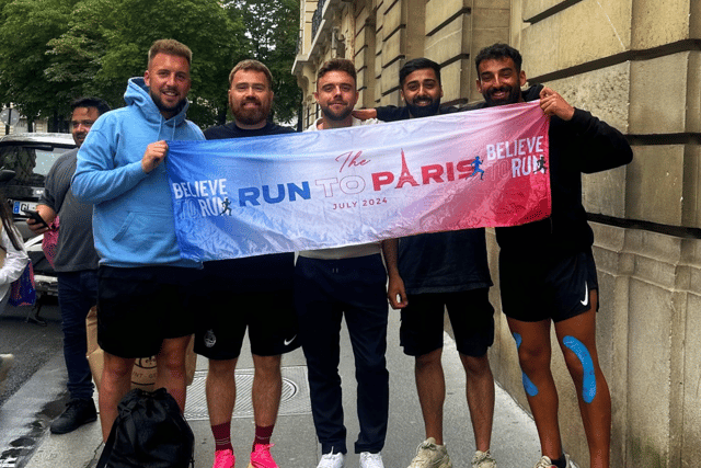 Joe's friends flew out to Paris to meet him at the finishing line of the mammoth challenge.