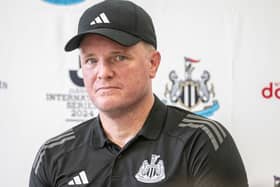 Newcastle United's head coach Eddie Howe attends a press conference following a training session at the Komazawa Olympic Park Stadium in Tokyo on July 30, 2024 a day before a club friendly football match against Urawa Red Diamonds. (Photo by Yuichi YAMAZAKI / AFP) (Photo by YUICHI YAMAZAKI/AFP via Getty Images)