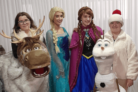 Members of the cast of Disney’s Frozen Jr from left: Alma Finnegan as Sven, Darcy Ranasinghe as Elsa, Lily McGee as Anna, and Alison Foster as Olaf.