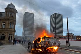 A car is toppled over and set alight during scenes of disorder in Sunderland this evening (FRI), which follows on from rioting in Hartlepool earlier this week after the Southport stabbing tragedy.
