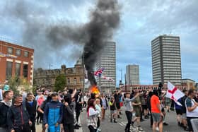 A car is toppled over and set alight during scenes of disorder in Sunderland this evening (FRI), which follows on from rioting in Hartlepool earlier this week after the Southport stabbing tragedy.