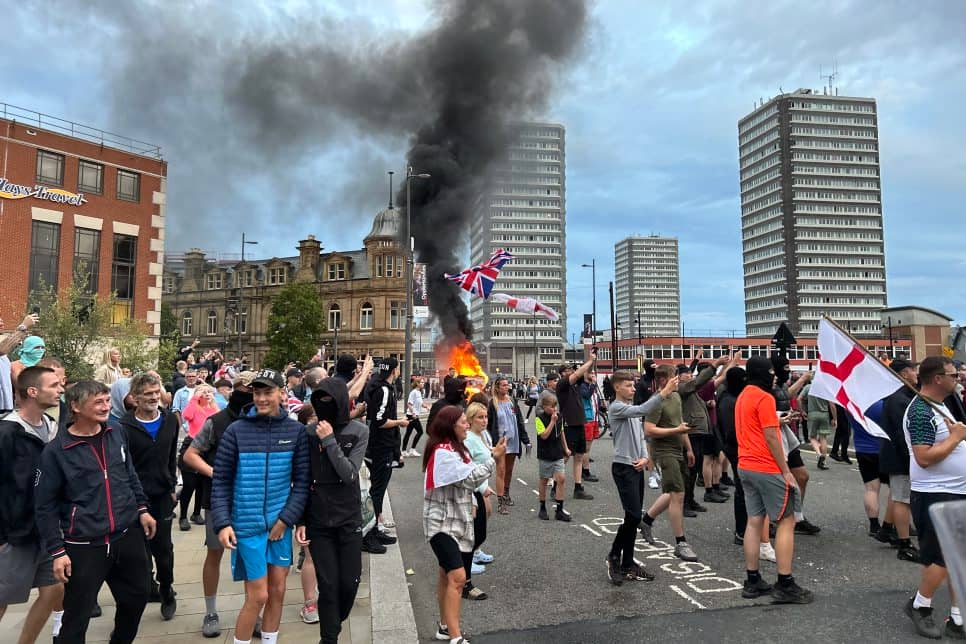 A car is toppled over and set alight during scenes of disorder in Sunderland this evening (FRI), which follows on from rioting in Hartlepool earlier this week after the Southport stabbing tragedy.