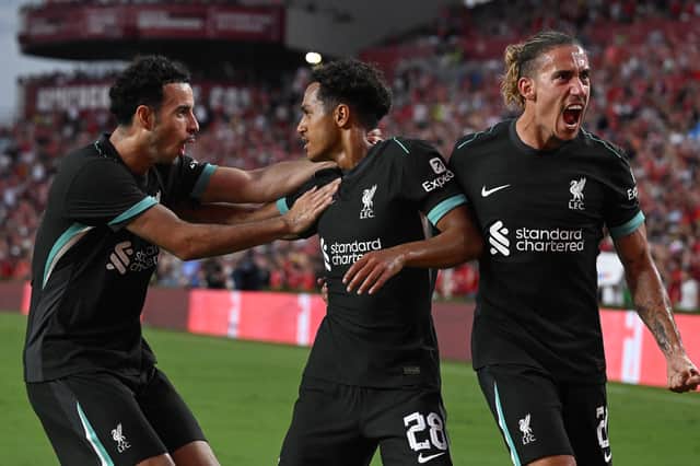 Fabio Carvalho of Liverpool celebrates after scoring the opening goal during the pre-season match between Manchester United and Liverpool at Williams-Brice Stadium on August 03, 2024 in Columbia, South Carolina. (Photo by Andrew Powell/Liverpool FC via Getty Images)