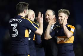Paul Dummett (left) and Matt Ritchie (right) celebrate Newcastle United's 2-1 win over Brighton in February 2017