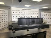 Newcastle United's new media suite, with the supposed new sponsors on the boards.