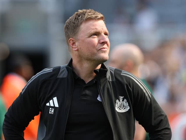 NEWCASTLE UPON TYNE, ENGLAND - AUGUST 10: Eddie Howe manager of Newcastle United looks on during the Pre-Season Friendly between Newcastle United and Stade Brestois  at St James' Park on August 10, 2024 in Newcastle upon Tyne, England. (Photo by Nigel Roddis/Getty Images)