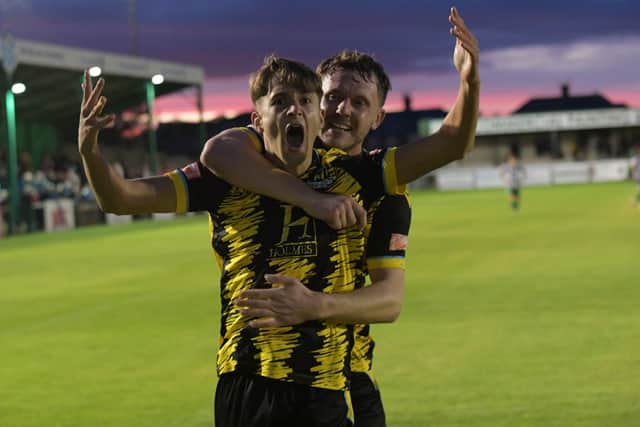 Leo Robinson celebrates after scoring the only goal in Hebburn Town's win at Blyth Spartans (photo Tyler Lopes)