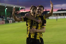 Leo Robinson celebrates after scoring in Hebburn Town's win at Blyth Spartans (photo Tyler Lopes)