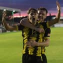 Leo Robinson celebrates after scoring in Hebburn Town's win at Blyth Spartans (photo Tyler Lopes)