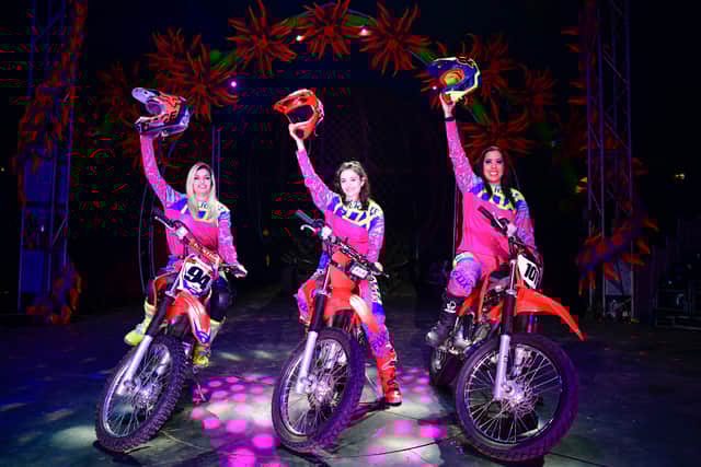The all female riders of the ‘Globe of Death’ at Big Kid Circus.