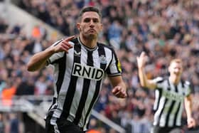 Fabian Schar celebrates scoring for Newcastle United in the RNID shirt. 