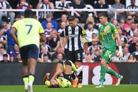 Fabian Schar of Newcastle United clashes with Ben Brereton Diaz of Southampton leading to him being shown a red card during the Premier League match between Newcastle United FC and Southampton FC at St James' Park on August 17, 2024 in Newcastle upon Tyne, England. (Photo by Stu Forster/Getty Images)