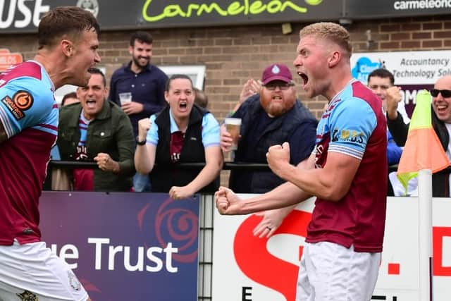 Will Jenkins celebrates after scoring in South Shields 2-1 home defeat against Curzon Ashton (photo Kevin Wilson)