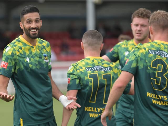 Hebburn Town captain Amar Purewal celebrates after scoring twice in his side's 2-0 win at Mickleover (photo Tyler Lopes)