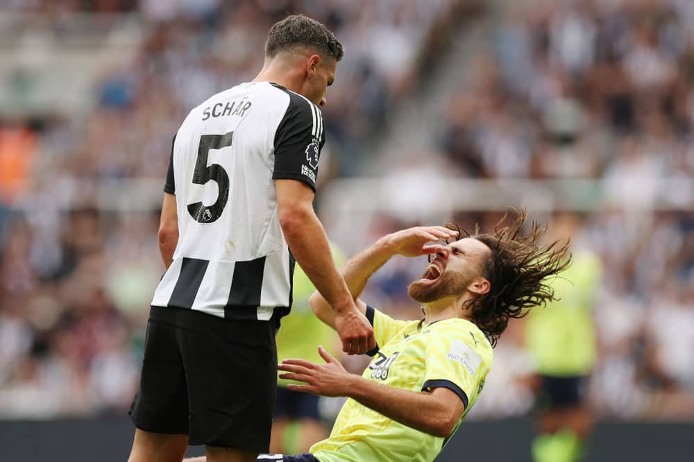 Fabian Schaer of Newcastle clashes with United Ben Brereton Diaz of Southampton