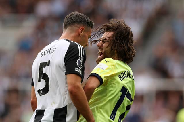 Fabian Schar (left) coming together with Southampton striker Ben Brereton Diaz