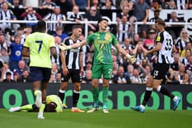 Nick Pope of Newcastle United reacts after teammate Fabian Schaer clashed with Ben Brereton Diaz of Southampton