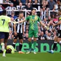 Nick Pope of Newcastle United reacts after teammate Fabian Schaer clashed with Ben Brereton Diaz of Southampton