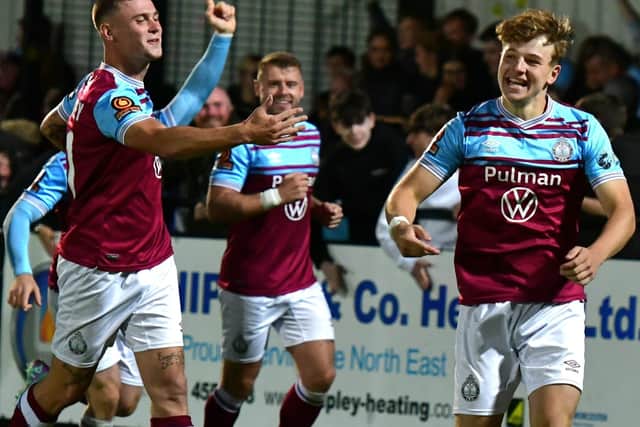 Ashton Mee celebrates scoring South Shields second goal in their 2-1 home win against Warrington Town (photo Kevin Wilson)
