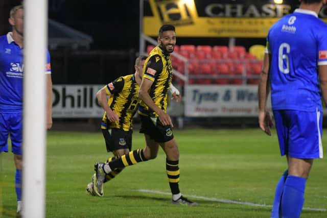 Hebburn Town captain Amar Purewal celebrates after scoring in the 2-1 home win against Gainsborough Trinity (photo Tyler Lopes)