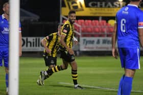 Hebburn Town captain Amar Purewal celebrates after scoring in the 2-1 home win against Gainsborough Trinity (photo Tyler Lopes)