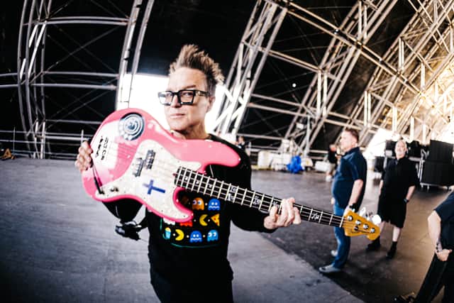 Mark Hoppus of Blink-182 poses backstage at the Sahara Tent during the 2023 Coachella Valley Music and Arts Festival on April 14, 2023 in Indio, California.