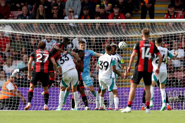 Bournemouth's Burkinabe striker #11 Dango Ouattara scores the team's second goal which is later disallowed by VAR during the English Premier League football match between Bournemouth and Newcastle United at the Vitality Stadium in Bournemouth, southern England on August 25, 2024. (Photo by Adrian DENNIS / AFP)