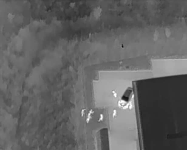 Suspects located by drone in dark undergrowth.
