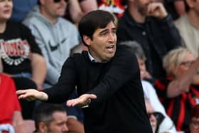Bournemouth's Spanish manager Andoni Iraola reacts on the touchline during the English Premier League football match between Bournemouth and Newcastle United at the Vitality Stadium in Bournemouth, southern England on August 25, 2024. (Photo by Adrian DENNIS / AFP) 