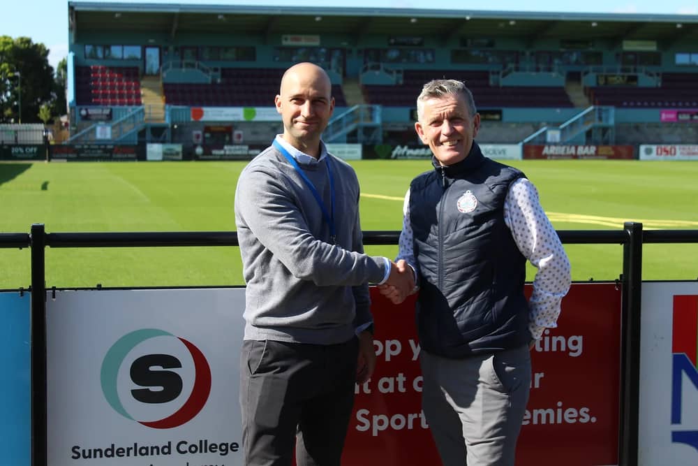 Michele Di Mascio, Sunderland College’s Head of Sports Academies (left) and Carl Mowatt, Commercial Director at South Shields Football Club.