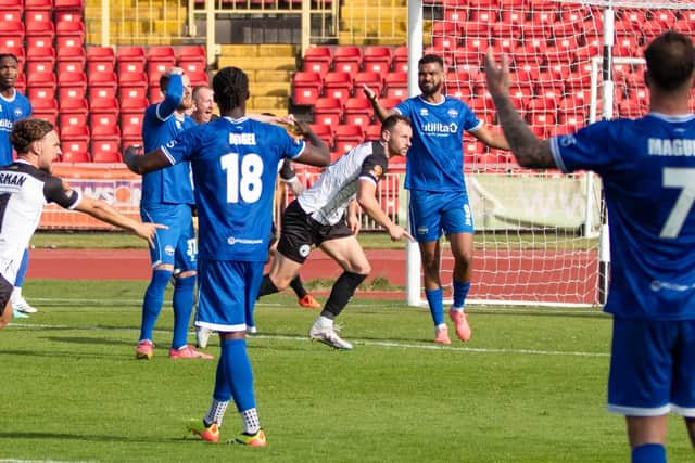 Louis Storey celebrates after scoring a late goal in Gateshead's 2-1 home win against Eastleigh (photo Charlie Waugh)