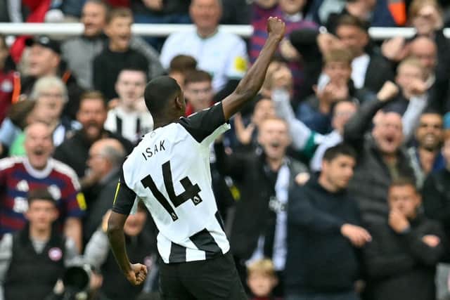Newcastle United's Swedish striker #14 Alexander Isak celebrates after scoring their second goal during the English Premier League football match between Newcastle United and Tottenham Hotspur at St James' Park in Newcastle-upon-Tyne, north east England on September 1, 2024.