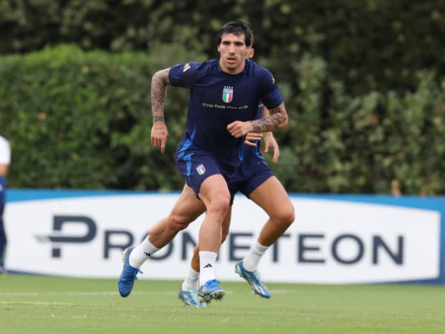 Sandro Tonali of Italy in action during a Italy training session at Centro Tecnico Federale di Coverciano on September 02, 2024 in Florence, Italy. (Photo by Claudio Villa/Getty Images)