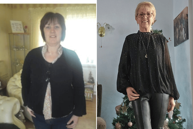 A before and after of Slimming World consultant Pauline Fox's weight loss.
