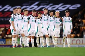 The Newcastle United U21 team line up during the penalty shoot out during the Bristol Street Motors Trophy match between Bradford City and Newcastle United U21 at University of Bradford Stadium, Valley Parade on September 03, 2024 in Bradford, England. (Photo by George Wood/Getty Images)