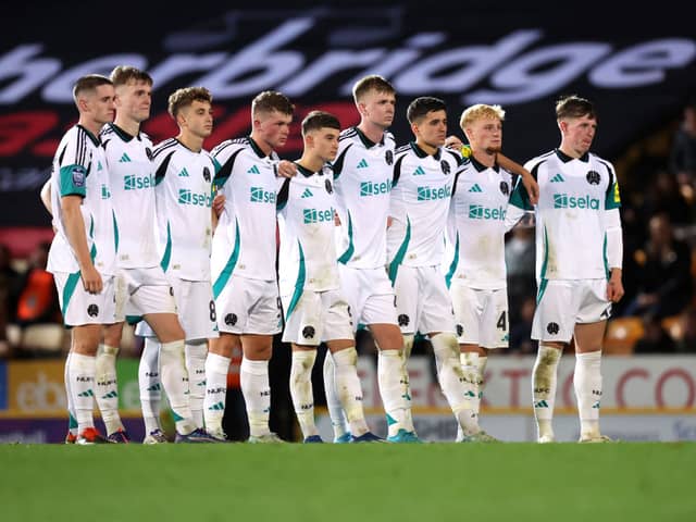 The Newcastle United U21 team line up during the penalty shoot out during the Bristol Street Motors Trophy match between Bradford City and Newcastle United U21 at University of Bradford Stadium, Valley Parade on September 03, 2024 in Bradford, England. (Photo by George Wood/Getty Images)