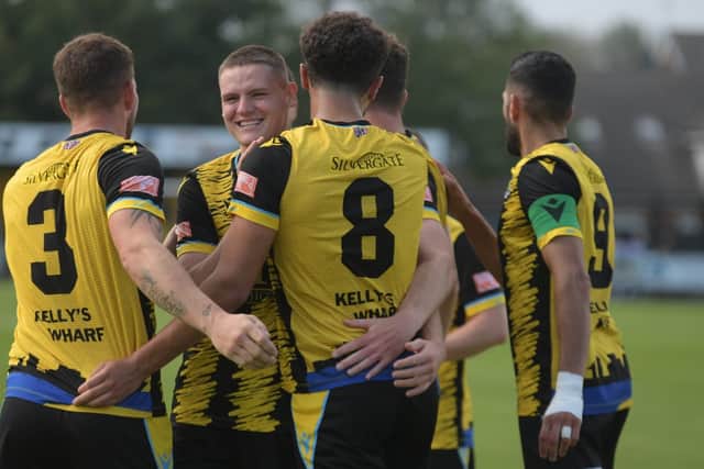 Hebburn Town celebrate after scoring in their 5-1 home win against Bamber Bridge (photo Tyler Lopes)