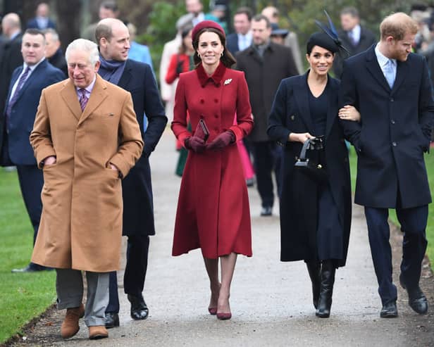 Could Prince Harry and Meghan Markle be heading back to the UK for Christmas? They are pictured here with King Charles, then the Prince of Wales, Prince William, Catherine, Princess of Wales, at St Mary Magdalene Church in Sandringham, Norfolk, on Christmas Day, 2018